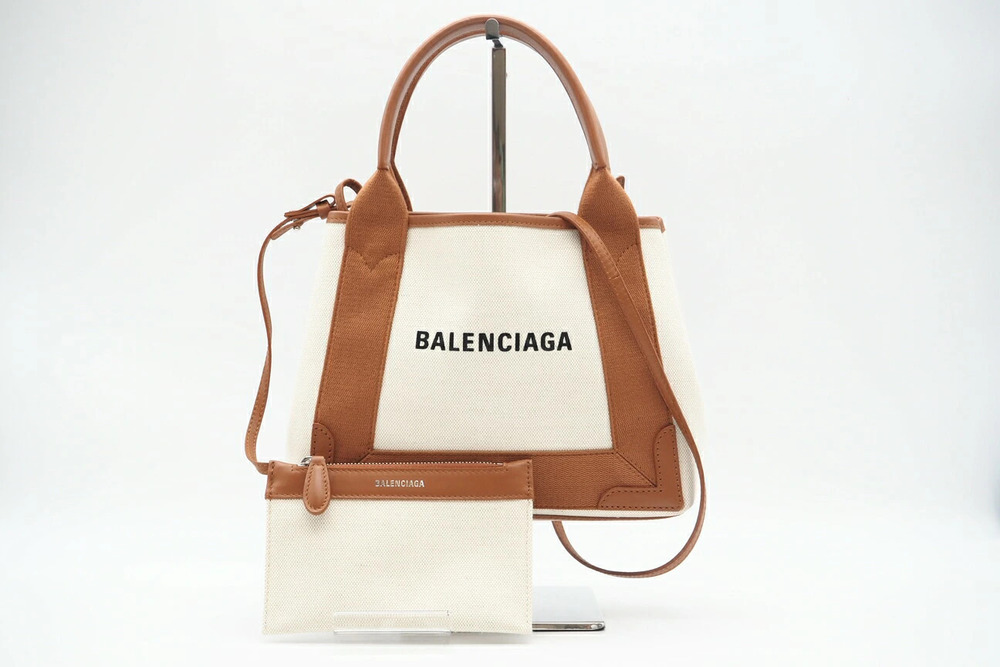 Balenciaga Cabas Tote Bag Navy Blue Beige White Canvas Leather